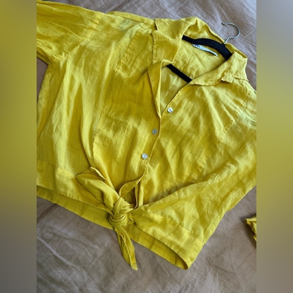 Zara Yellow 100% Ramie Tie Waist Cropped Blouse with ruffled long sleeve - Picture 12 of 12